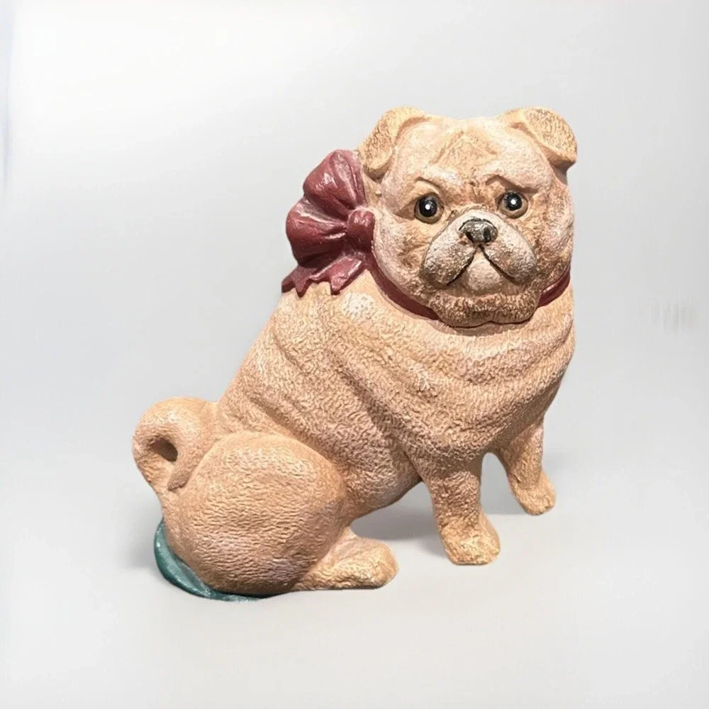Vintage Department 56 Cast Iron Pug Dog Doorstop Red Bow Figurine Heavy Tan